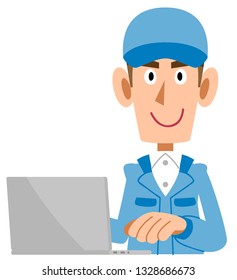 A Blue working clothes man who operate a computer