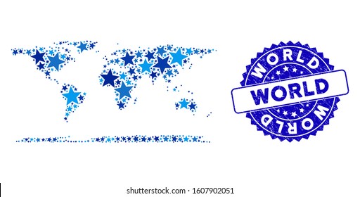 Blue World continent map composition of stars, and textured rounded stamp seal. Abstract territorial plan in blue color hues. Vector world continent map is shaped of blue stars.