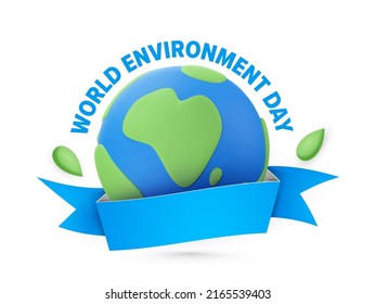 Blue World Environment Day Font With 3D Earth Globe And Empty Ribbon On White Background.