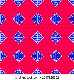Mundo Azul globo con icono de brújula aislado sin fisuras en el fondo rojo. Ilustración vectorial