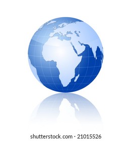 Blue world globe with reflection on a white background. Vector illustration