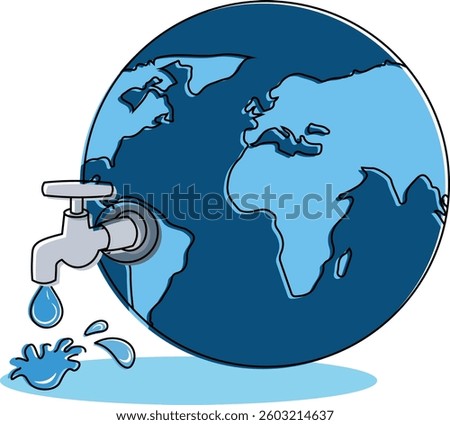 blue world globe with tap with drop of water flowing for water day illustration, Earth with water conservation, Water dripping from tap art, Globe with faucet, Earth with leaking tap