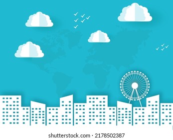 Blue World Map Background With Paper Cut Clouds, Birds, Ferris Wheel And Buildings.