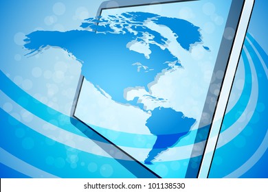 Blue World Map Background with Sparkles and tablet computer