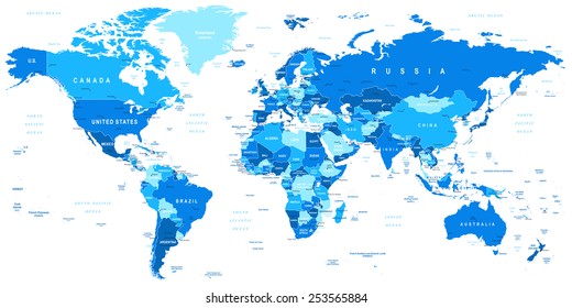 Blue World Map - borders, countries and cities - illustration Highly detailed vector illustration of world map. Image contains next layers: -lands -country and land names -city names -water objects