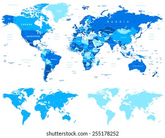 Blue World Map - borders, countries and cities - illustration World maps with different specification. 1 - highly detailed: countries, cities, water objects 2 - country contours 3 - world contours 