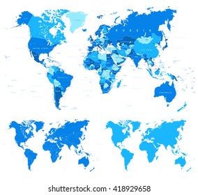 Blue World Map - borders, countries and cities - illustration
World maps with different specification.
1 - highly detailed: countries, cities, water objects
2 - country contours
3 - world contours