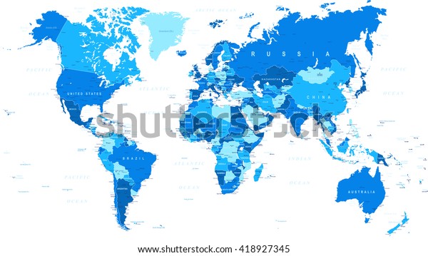 Blue World Map Borders Countries Cities Stock Vector (Royalty Free ...