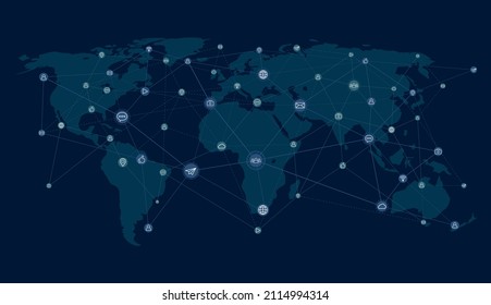 Blue World map with continents, connection lines and communications-social icons background illustration. Vector EPS10.