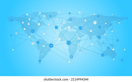Blaue Weltkarte mit Kontinenten, Verbindungslinien und kommunikationstechnischen Symbolen, Hintergrundgrafik. Vektor EPS10.