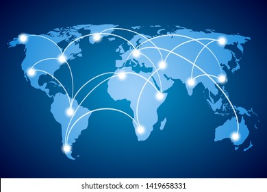 Blue World Map, continents of the planet, globalization, world communications, Social Network - stock vector