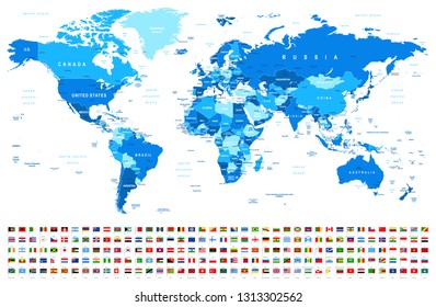 Blue World Map and Flags - borders, countries and cities -vector illustration