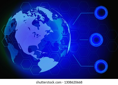 Blue world map global hologram, vector, illustration, eps 10