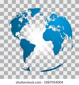 Blue world map globe with white rays on checkered background