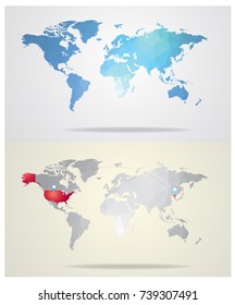 blue world map and Gray world map highlight red USA and North korea, in geometric polygonal, mosaic style.