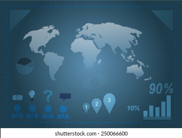 Blue world map info graphic with many graphs and icons