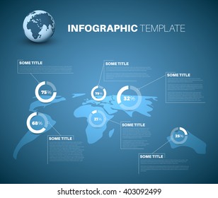 Blue World map infographic template with white transparent pie charts