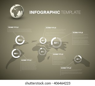Blue World map infographic template with white transparent pie charts - brown version
