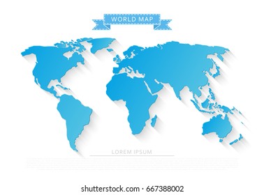 Blue world map isolated on white background with long shadow