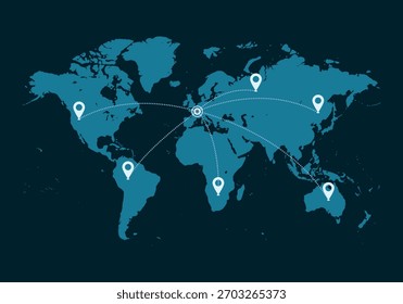 Mapa del mundo azul con marcadores de ubicación y líneas de conexión, concepto de red global y comunicación internacional