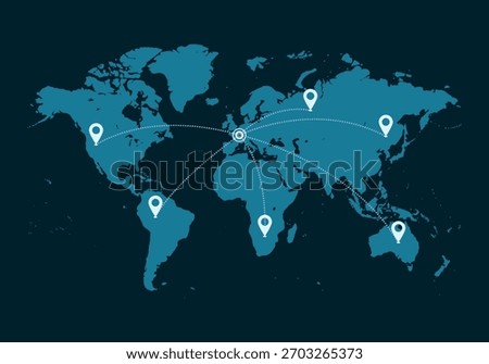 Blue world map with location markers and connecting lines, global network concept and international communication