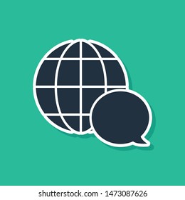 Blue World map made from speech bubble icon isolated on green background. Global communication scheme on Earth.  Vector Illustration
