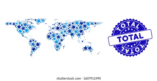 Blue World map mosaic of stars, and distress round seal. Abstract territorial scheme in blue color tints. Vector world map is designed of blue stars. Designed for political and patriotic posters.