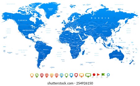 Blue World Map and navigation icons - illustration Highly detailed world map: countries, cities, water objects 