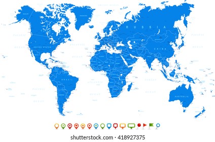 Blue World Map and navigation icons - illustration
Highly detailed world map:
countries, cities, water objects