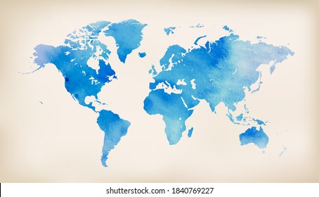 Blue world map on vintage paper background. watercolour style