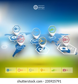 Blue world map in perspective, blurred infographic vector template for business design