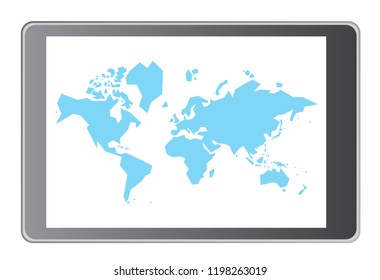 blue world map in tablet on white background
