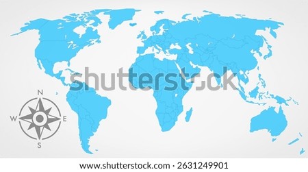 Blue world map with wind rose. 3d vector illustration



