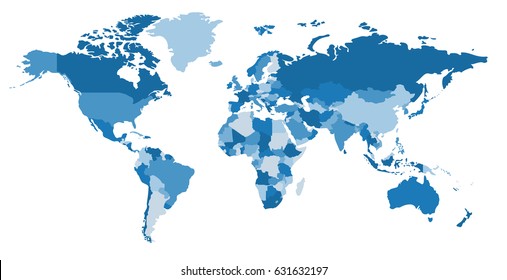 Blue world Political map. Every country is isolated.