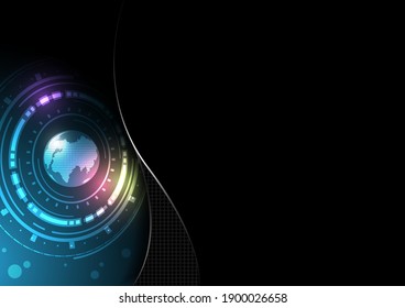 Blue world and technology on the black background with colorful light, cyberspace, connection, presentation