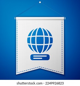 Blue Worldwide icon isolated on blue background. Pin on globe. White pennant template. Vector