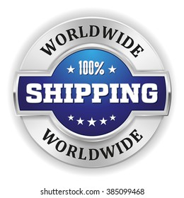 Blue worldwide shipping badge with silver border on white background