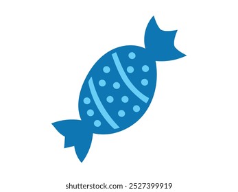 Blue wrapped candy flat illustration with polka dot pattern isolated on a white background. Concept of sweet treat, colorful confectionery, simple design, candy wrapper. Icon, print design element.