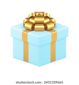 Blue wrapped elegant gift box with premium golden bow ribbon 3d icon realistic vector illustration. Romantic squared present package luxury container for holiday birthday greeting congratulations