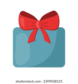 Blue wrapped gift box with big red ribbon bow, vector