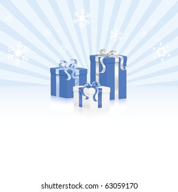 Blue wrapped gifts with shiny ribbons and bows on snow and light ray background. Reflective surface beneath on white.