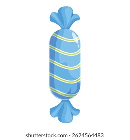 Blue wrapped hard candy with green stripes is waiting to be unwrapped