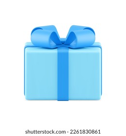 Blue wrapped present cardboard box tied festive bow ribbon 3d icon realistic vector illustration. Premium gift container glossy holiday decorative design for birthday Easter anniversary congratulation