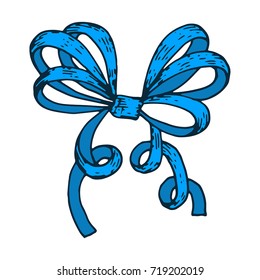 Blue wrapping bow. Hand drawn sketch. Vector illustration