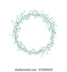 Blue wreath from branches and twigs and white flowers isolated on white background. Spring garland. Hello spring  greeting cards. Vector illustration.