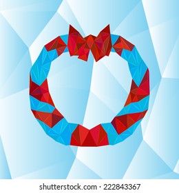 Blue wreath with a red bow made of geometrical triangle shapes on a blue background.