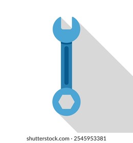 Blue wrench casting a long shadow on a white background, simple vector illustration in flat design