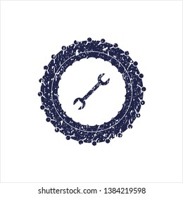 Blue wrench icon inside distressed rubber grunge texture seal