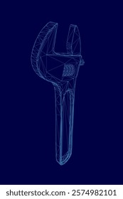 Blue wrench is shown in a 3D image. The wrench is a tool used for tightening or loosening nuts and bolts. The image is in a blue color scheme, which gives it a cool and modern look