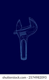 Blue wrench is shown in a stylized way. The wrench is the main focus of the image, and it is a 3D rendering of a tool